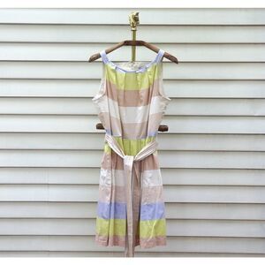 Vintage 90s R&K Originals Neutral Stripe Tie Waist Midi Dress